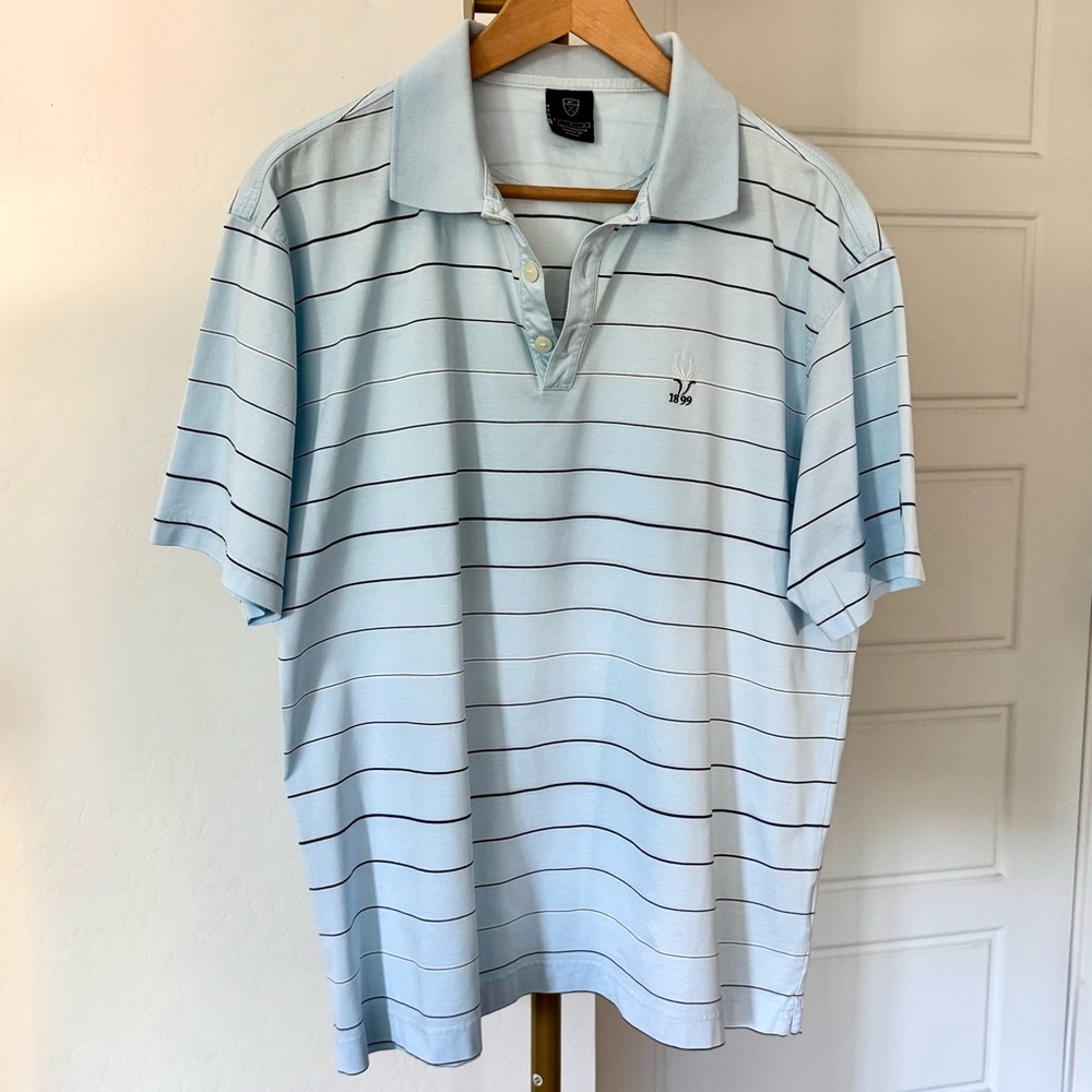 Men's Golf Short Sleeve Striped Blue Polo Shirt Size L Preppy Sporty Coastal